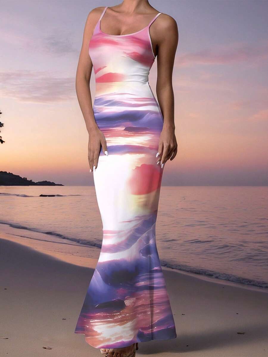 Ladies Summer Holiday Style Landscape Print Color Blocking Tie-Dye Maxi Slip Dress - Multicolor - View 1