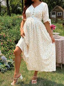 SHEIN Ditsy Floral Maternity Nursing Dress With Short Sleeves, For Vacation - Multicolor - View 3