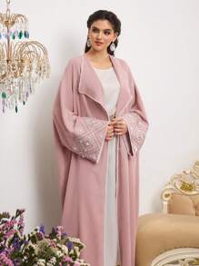 Al Najma Women's Elegant Pearl Studded Batwing Sleeve Arabian Abaya, Modest Robe - Pink - View 3