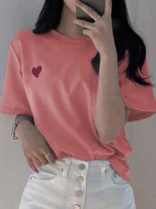 DAZY 女士圆领刺绣撞色心形图案简约T恤可爱上衣 - 粉色 - 查看 4