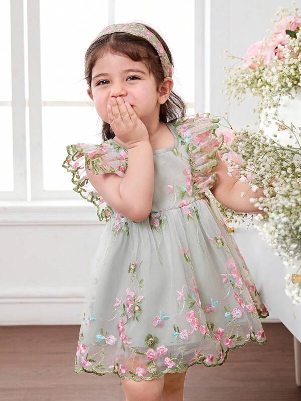 Babygirl drăguță de vară, elegantă, broderie florală, plasă, rochie cu tiv cu volan