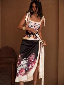 MOTF PREMIUM 花卉印花结饰罩衫裙