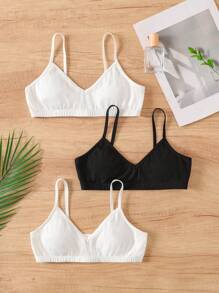 SHEIN 3 件装 少女 简约舒适纯色 V 领带衬垫文胸吊带背心 - 白色 - 查看 1