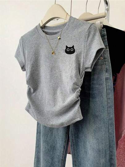 Tween Girls' Casual Minimalist Black Cat Print Short Sleeve T-Shirt