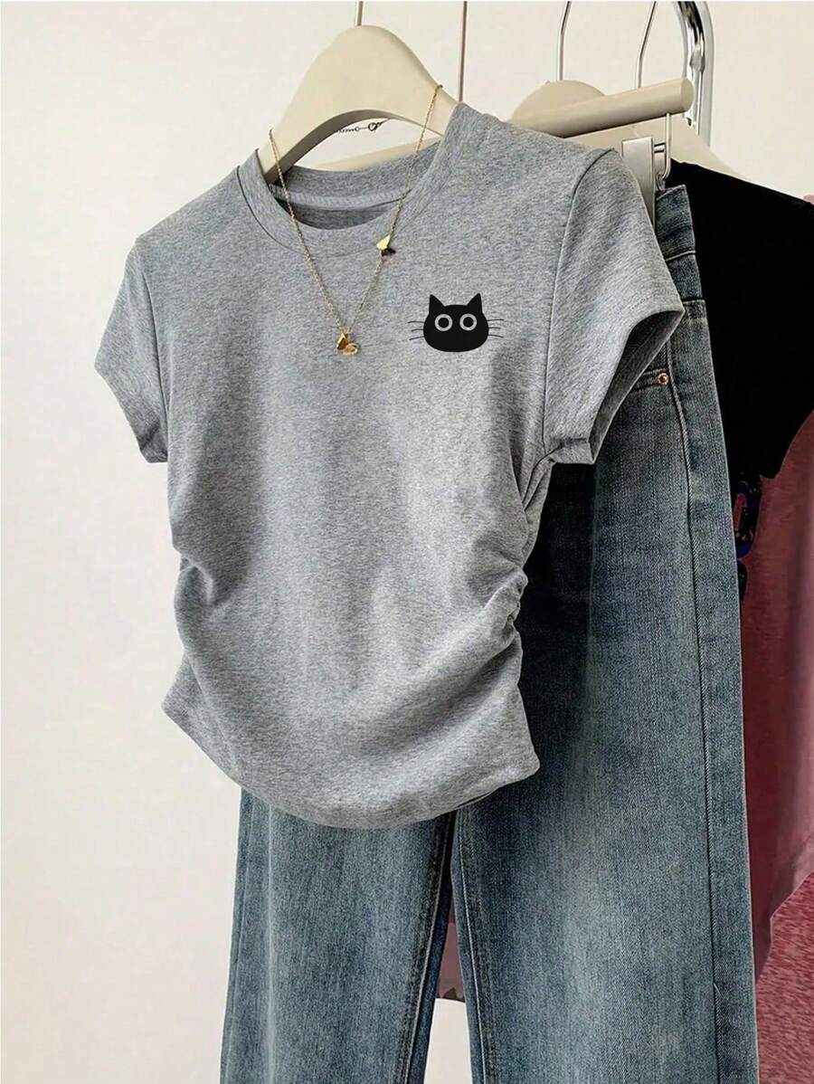 Sparklyn Tween Girls' Casual Minimalist Black Cat Print Short Sleeve T-Shirt