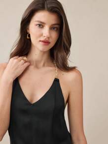 BizChic Áo hai dây hở lưng màu đen thanh lịch cho nữ, đi làm hàng ngày, đi chơi, đám cưới, lễ hội âm nhạc, tốt nghiệp, có dây xích kim loại và dây chéo, mùa hè - màu đen - Xem 5