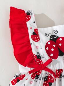 Baby Girls Casual Daily Bee Print Flutter Sleeve Dress, Suitable For Outings Or Comfortable Versatile Wear - Red - View 5