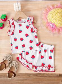 2pcs Baby Girls' Spring/Summer Fashion Soft & Comfy Strawberry Print Ruffle Hem Camisole And Shorts Set - White - View 9