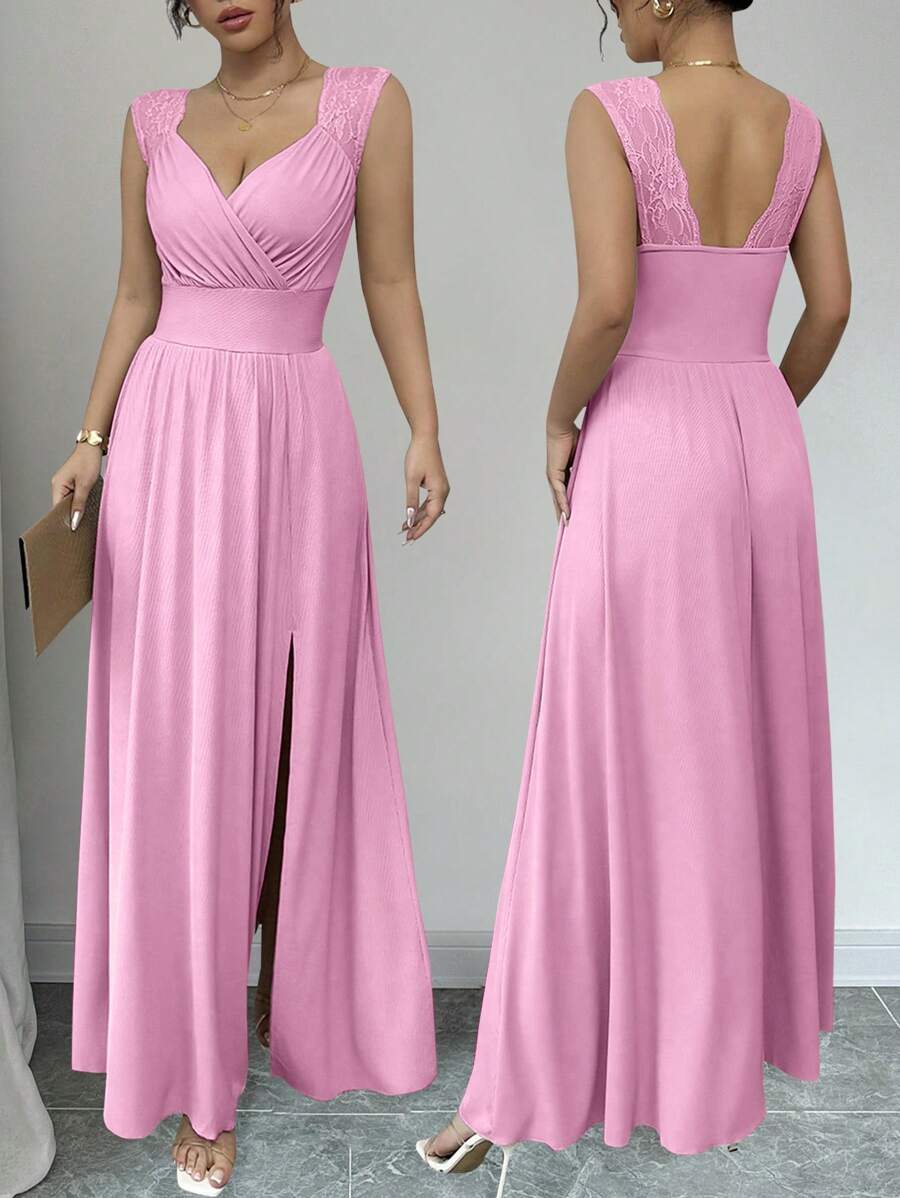 Rafferiza French Elegant Lace Trim V-Neck Wrap Pleated Waist Sleeveless A-Line Open Slit Khaki Dress, Spring & Summer