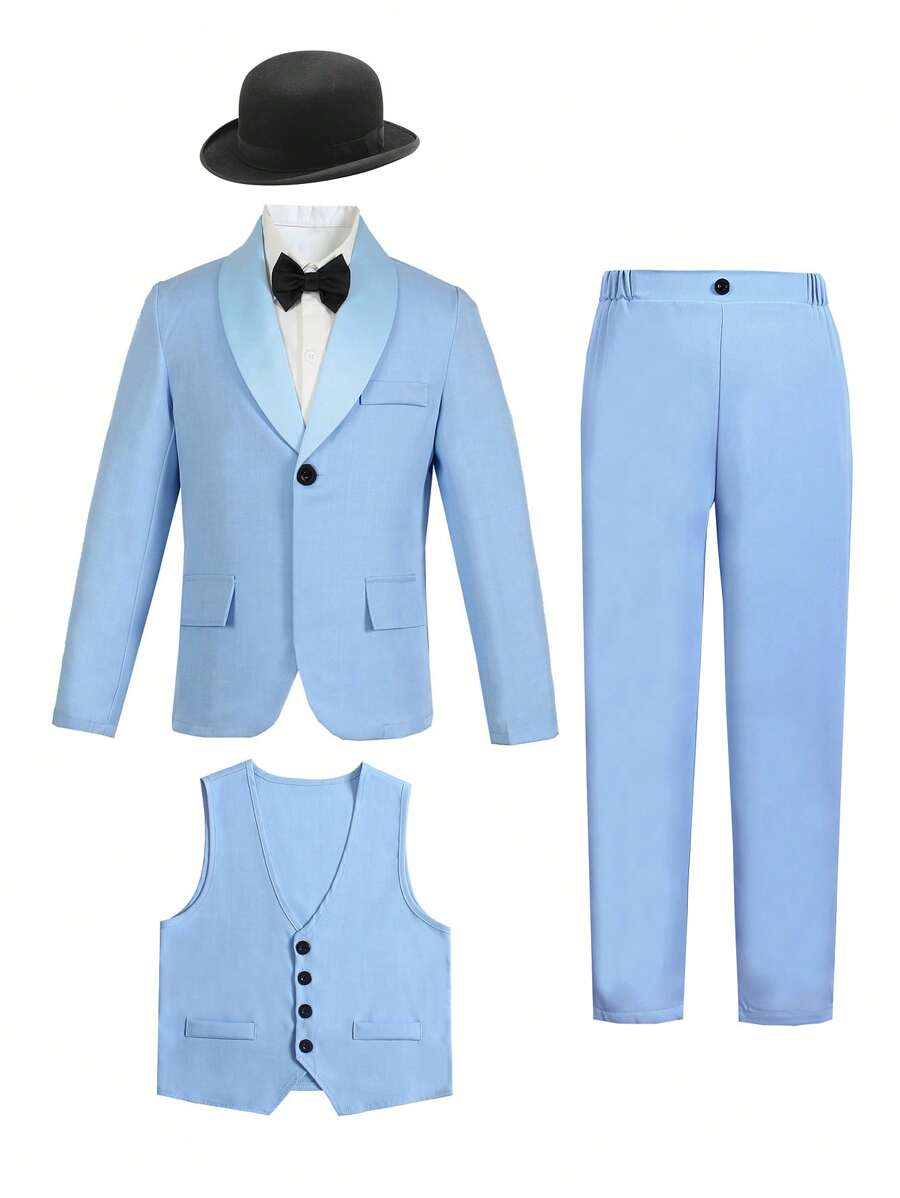 SHEIN 青少年男孩绅士 3 件套：背心 + 西装外套 + 裤子 + 领带，适合生日派对、花童、戒指持有人、婚礼、周年纪念的正式西装