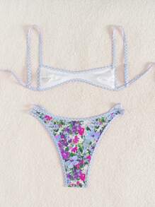 SHEIN Swim 女士 2 件套夏季沙滩装套装，随机印花细肩带泳衣上衣和三角比基尼泳裤，休闲沙滩装 - 彩色 - 查看 2