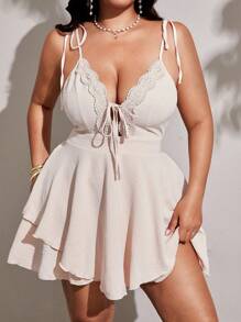 Viva Relle Plus Size Women's Elegant Suspender Tied Lace Decor Fashionable Jumpsuit, Versatile Spring/Summer New Arrival, Short Style - Apricot - View 5
