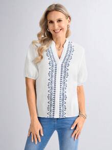 Miaspire Women's Boho Cotton Blouse Comfortable Woven Fabric Half Sleeves And Notched Neckline With Elegant Blue Imitation Embroidery Detail Mothers Day Gift For Mom,Vintage