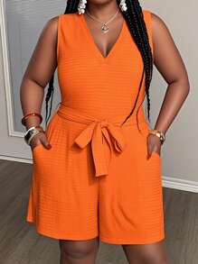 Slaydiva 2025 New Rave/Easter Outfit Women, Old Money Style Women, Country Concert Outfit, Going Out Outfits, Fairycore, Festival Outfits, Tropical Vacation Women Clothes, Summer Outfits For Women, Summer/Rave/European Summer, Spring Outfits, Western Wear Women Plus, Concert/Graduation Outfit, Versatile Daily Casual Simple Sleeveless Beach Elegant Textured Rompers With Pockets And Belt For Women - Orange - View 3