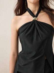 BizChic Áo hai dây satin trang trí khóa kim loại mới, kiểu dáng công sở thường ngày, phù hợp cho mùa xuân/hè. - màu đen - Xem 3