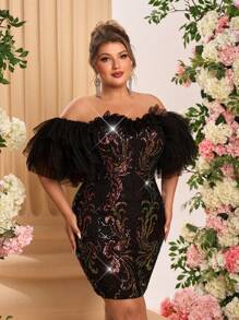 SHEIN Belle Plus Size Elegant Romantic Off Shoulder Ruffle Net Yarn Luxury Beaded Bodycon Cocktail Dress, Party Dress - Champagne - View 1