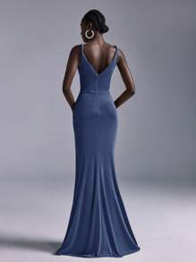 优雅浪漫 V 领无袖针织连衣裙，配有金属扣装饰、收腰和鱼尾下摆，适合伴娘 - 霧霾藍 - 查看 5