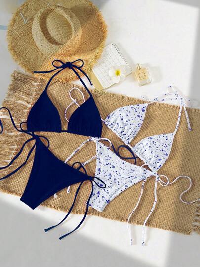 Swim Mod 2pcs/Set Women Spring Break Halter Tie String Triangle Ditsy Floral Bikini Swimsuit For Beach Vacation For Summer