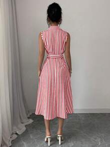 Elenzga 女士夏季条纹无袖中长连衣裙 - 紅色 - 查看 2