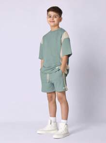 SUMWON Youth Two-Piece Athletic Set Color Block Short Sleeve T-Shirt And Shorts Sporty Streetwear Summer Casual Wear - Teal Blue - View 1