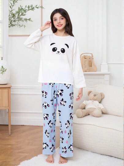 2pcs/Set Girls Panda Print White Simple Fashion Comfy Long Sleeve Top And Long Pants Home Outfit, Suitable For Older Tween Girl Holiday Travel Releax Summer Clothes