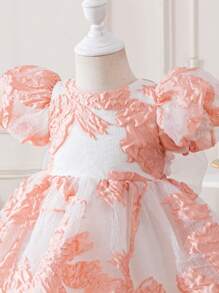 Glamorique Kids 婚礼婚宴嘉宾花童女童公主裙蝴蝶结粉色大花欧根纱提花面料质感高贵端庄优雅提花连衣裙中东欧美华丽派对礼服舞台特殊场合表演 - 粉色 - 查看 4