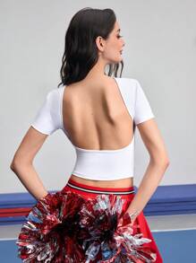 Cheerettes Letter Print Open Back Round Neck Tight-Fitting Short Sleeve Sports T-Shirt