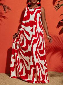 Slaydiva Sommer Neuankömmling Damen Große Größen Locker geschnittenes A-Linien Maxikleid, ärmelloses Casual Kleid aus weichem Stoff Einfarbig oder abstraktem geometrischen Streifenmuster, geeignet für Musikfestivals, Hochzeiten, Ostern, Western/Boho Stil, Geburtstag, Abschluss, Alltag, Urlaub, Kreuzfahrt, Strand - Rot - Übersicht 6