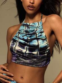 MUSERA Halter Neck Ruched Printed Y2k Cropped Top For Summer, Vacation, Festival Wilden Out Hot Saint Feast - Multicolor - View 5