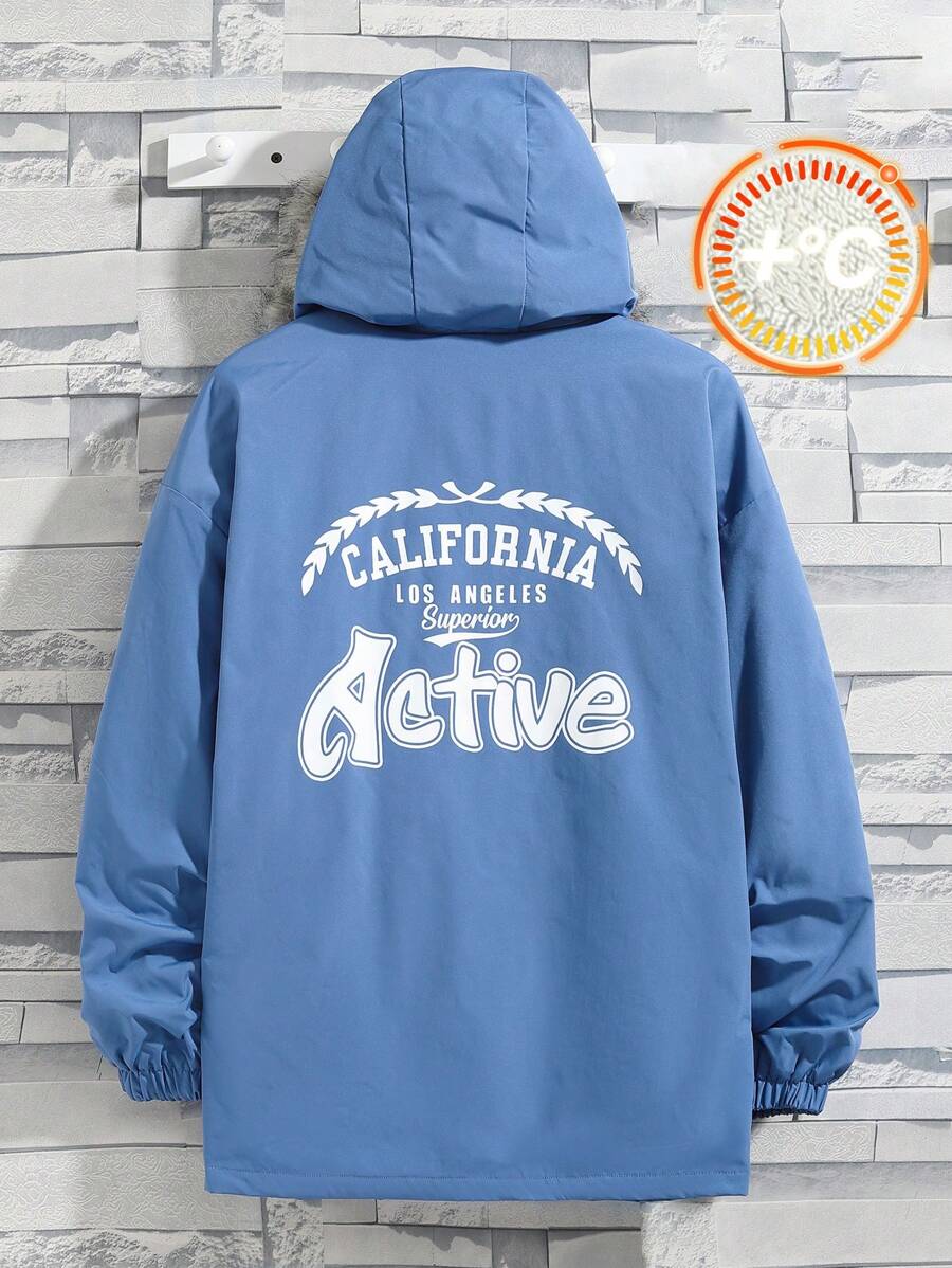 SHEIN Teen Boy Letter Graphic Zip Up Hooded Coat - Blue - View 1