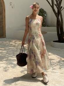 DAZY Women All-Over Print Spaghetti Strap Midi Skater Dress