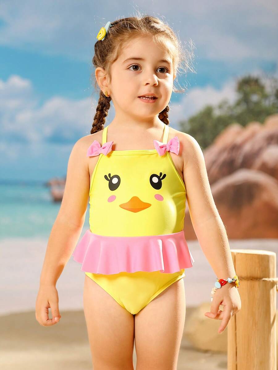 1-Piece Girls Swimsuit, Perfect For Playing In Water, Beach, Pool, Vibrant Colors, Cute Bow, Ruffle Trim, Cartoon Pattern, Soft And Comfortable, Sweet And Adorable, Candy-Like, Soft And Cute, Lovely And Charming, Dreamlike Sweet, Fairy Tale Style, Princess Style, Dreamlike Cute, Lively And Lovely, Mischievous And Lovely, Sweet And Lovely Swimwear - Yellow - View 1