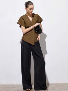 Aveloria Modichic Elegant Minimalist Design V-Neck White Textured Fabric Asymmetrical Hem Cap Sleeve Jacket With Decorative Buttons For Women, Versatile For Commuting