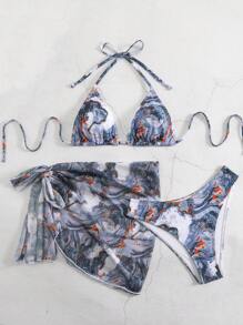 SHEIN Swim Summer Beach Marble Print Halter Bikini Set With Cover Up Skirt - Multicolor - View 4