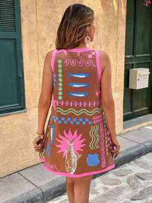 Travachic Knitted Floral Print Sleeveless Loose Mini Dress For Women,Suitable For Spring & Summer Vacation - Multicolor - View 2