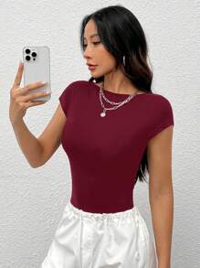 SHEIN PETITE 女款純色圓領連袖連身衣，適合嬌小女性 - 酒紅色 - 查看 4