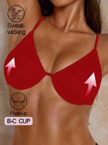 Swim Basics Women Beach, One-Piece Solid Color Gathering Halter Swimsuit Top With Wavy Fabric - Red - View 1