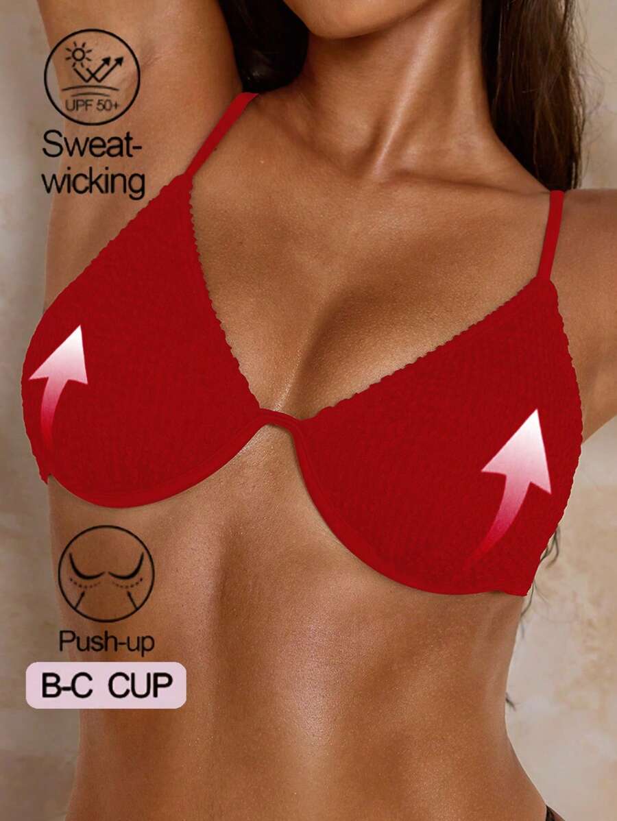 Swim Basics Women Beach, One-Piece Solid Color Gathering Halter Swimsuit Top With Wavy Fabric - Red - View 1