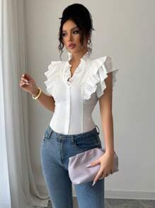 Elenzga Blusa elegante da donna, adatta per il pendolarismo, tempo libero e vacanze, con maniche a volant, colletto a volant, vita arricciata e scollo a V, in tinta unita