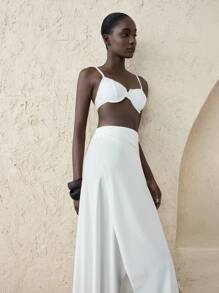 Ontre 2 Peças/Conjunto Mulheres 2025 Conjunto de Maiô com Recorte Sexy e Estilo Envelope Branco, Saia Estilo Maiô Bikini Ultracomprida Estilo Maxissaia para Praia e Férias - Branco - Visão 5