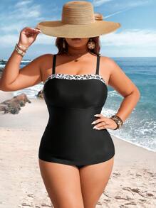 Swim Lushoire Plus Size Women Summer Vacation Beach Patchwork Leopard Print Tankini Swimsuit Set - Multicolor - View 5