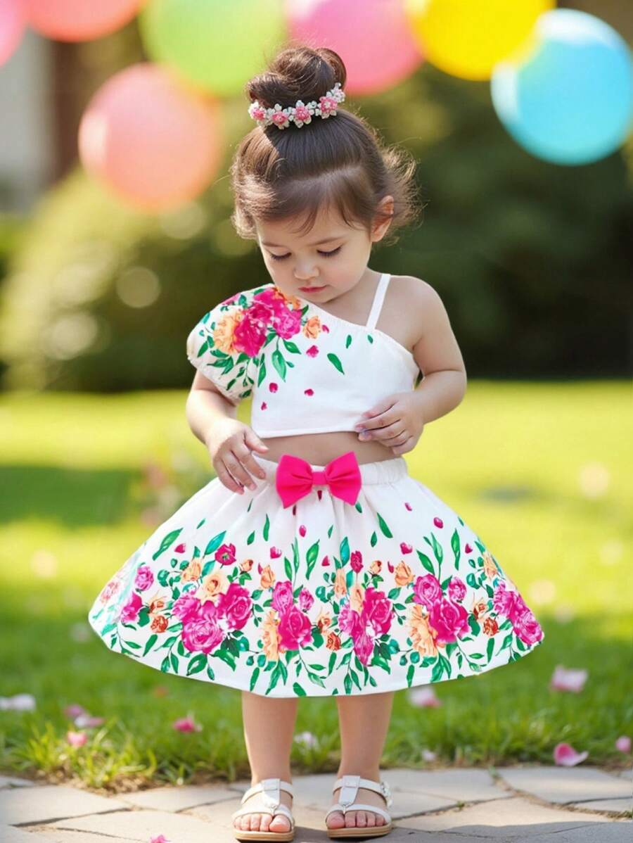 Baby Girl Clothing & Outfits Rose Flower Print Flat Top With Bubble Sleeves And Skirt Elegant Summer Suit ,Suitable For Parties And Gatherings, Daily Leisure Activities Outside - Multicolor - View 1