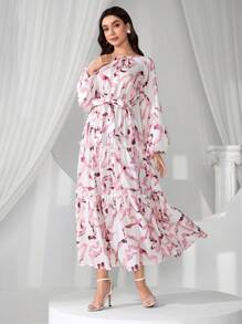 Al Najma Women's Round Neck Full Print Arabic Style Lantern Sleeve Dress, Modest - Pink - View 3