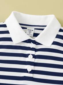 SHEIN Leap Crew 女童针织条纹 Polo 领修身休闲短款上衣 - 藍色 - 查看 3