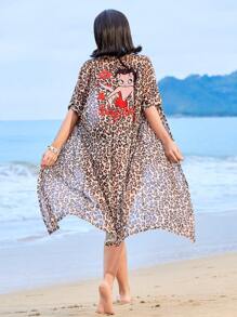 Betty Boop x SHEIN Kimono de verano para mujer con estampado de leopardo y figura como cubretraje - Marrón - Ver 4