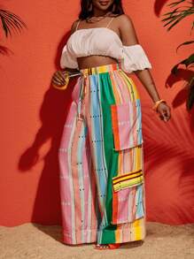 Slaydiva 2025 Spring & Summer New Music Festival Elegant Black Wide Pockets Striped Patchwork Print Linen Cargo Pants For Plus Size Women