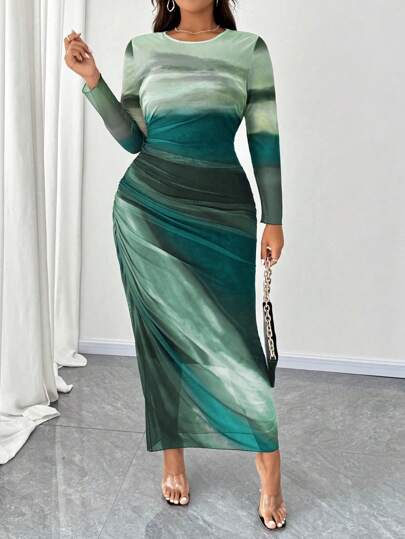 SHEIN Clasi 网眼紧身连衣裙，简约休闲风格，适合日常穿着的长款女装