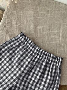 SHEIN LMoss Kids Babygirl 格纹松紧腰休闲短裤，黑色和白色，夏季 - 黑與白 - 查看 3