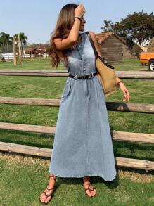 DAZY Women's Waist Hollow Out A-Line Hem Washed Denim Dress