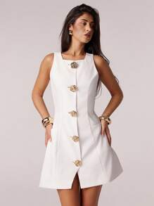 SHEIN Forever 21 夏季新款方领无袖金属扣白色通勤迷你连衣裙女 - 白色 - 查看 1